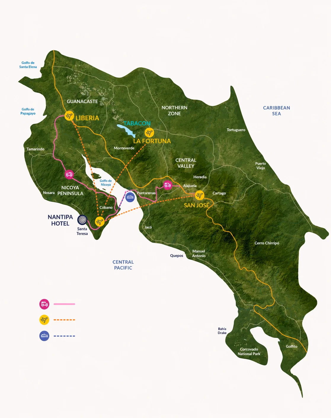 Costa Rica route map showing ways to reach Hotel Nantipa in Santa Teresa